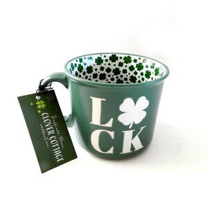 NWT Lucky Coffee Mug by Clover Cottage Gift Clover Leaf Green
